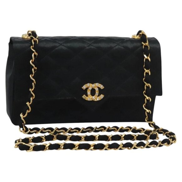 CHANEL Matelasse 23 Single Flap Chain Bag Satin Black Gold CC Auth PP242AV - Picture 1 of 16
